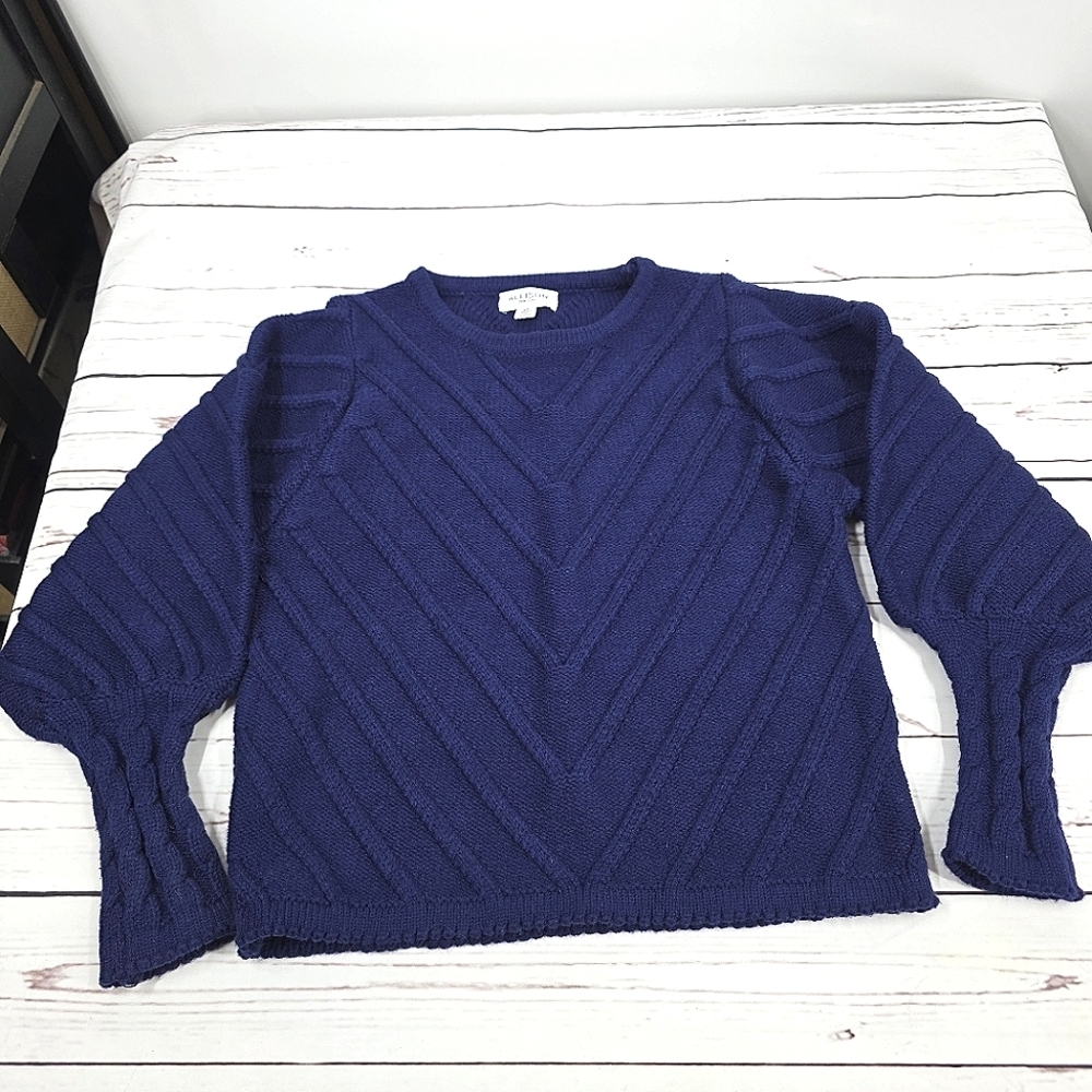 Allison New York Sweater Balloon Puff Sleeve Chevron Textured Knit Navy S